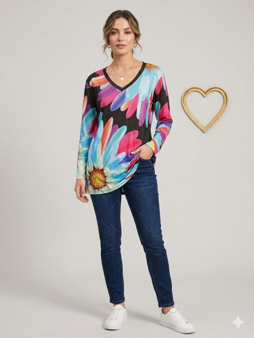 Lily by Firmiana Floral V Neck Tunic Top Multicolor Long Sleeve Statement LARGE